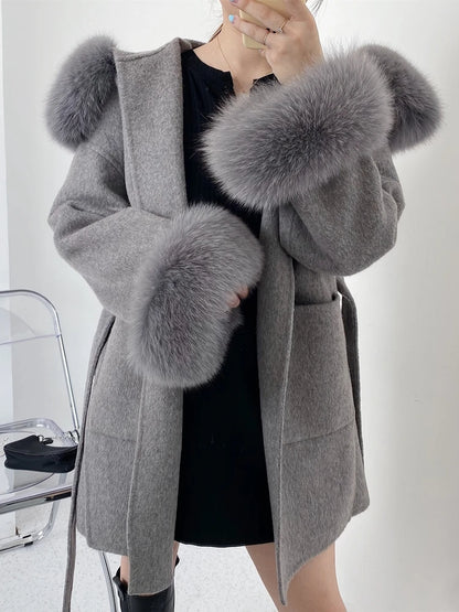 2024 New Oversize Ladies Outerwear Real Fur Coat Winter Jacket Women Natural Fox Fur Collar Cuffs Hood Cashmere Wool Woolen