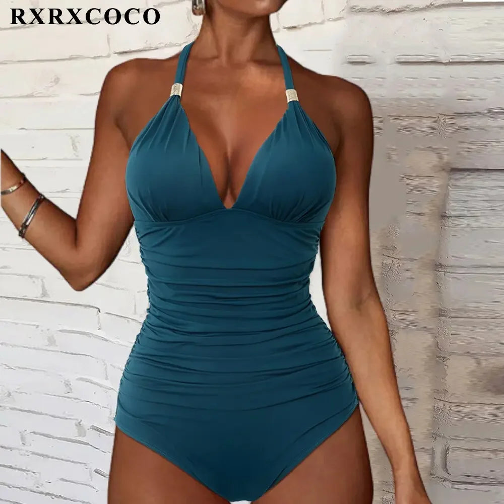 RXRXCOCO Women's Swimsuit One Piece Push Up Swimwear Women Neck Hanging Backless Sexy Bathing Suit Black Blue Beachwear Swimsuit