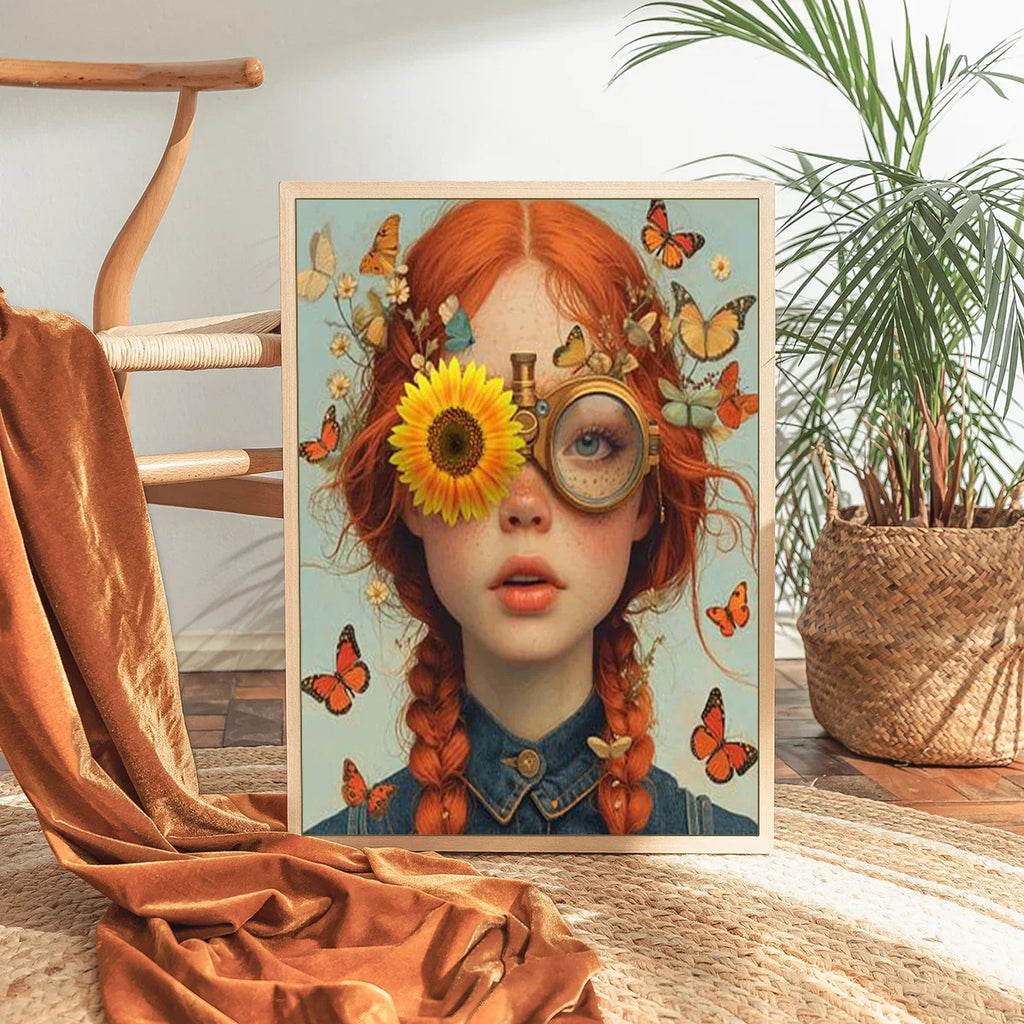 Nordic Boho Fashion Glasses Woman With Flowers Wall Art Canvas Painting Butterfly With Girl Portrait Poster Prints Mural Picture