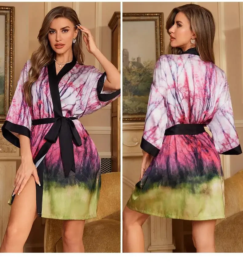 Female Robe Nightgown Summer Satin Sleepwear Loungewear Silky Printing Kimono Bathrobe Gown Yukata Sexy Casual Nightwear