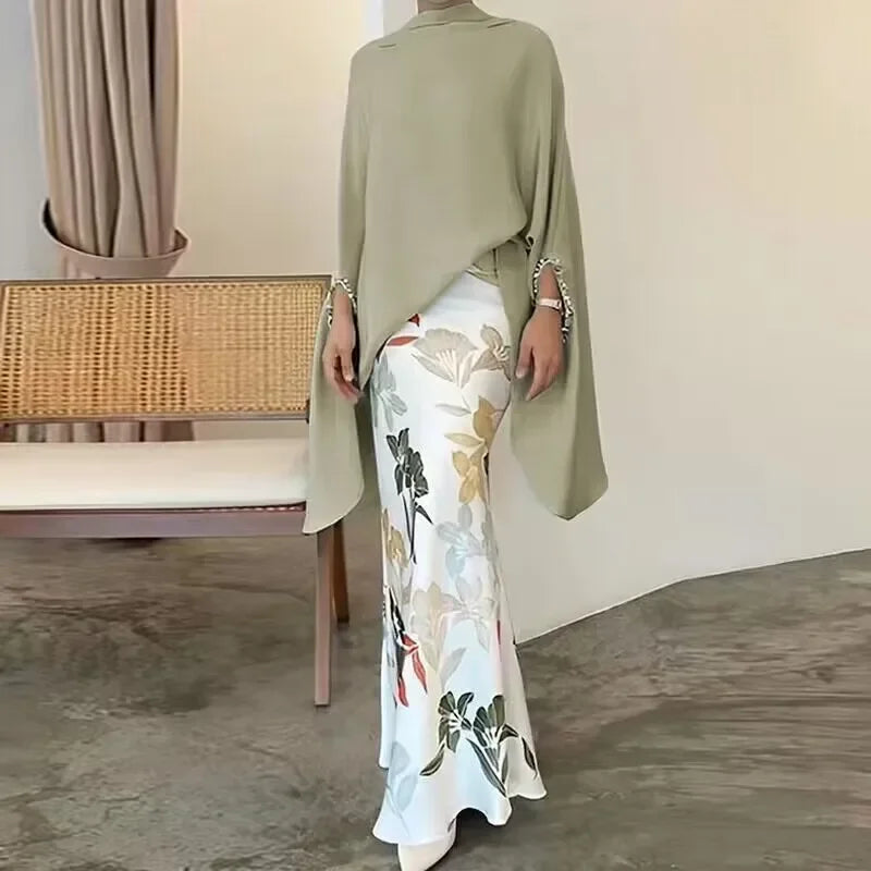 High Fashion Commuting Satin Set Elegant Batwing Sleeve Tops Blouse & Slim Long Skirt Outfits Women Casual Loose Two Piece Suits LUXLIFE BRANDS