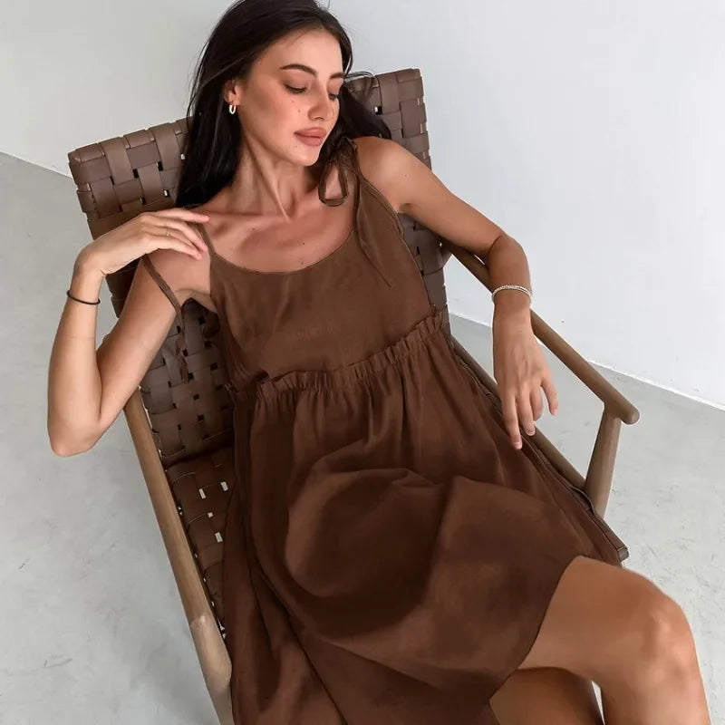 Cotton Linen Suspender Dress Spring and Summer Women's Beach Style Fake Casual Loose Soft Ruffled Edge A-line Suspender Dress Luxlife Brands