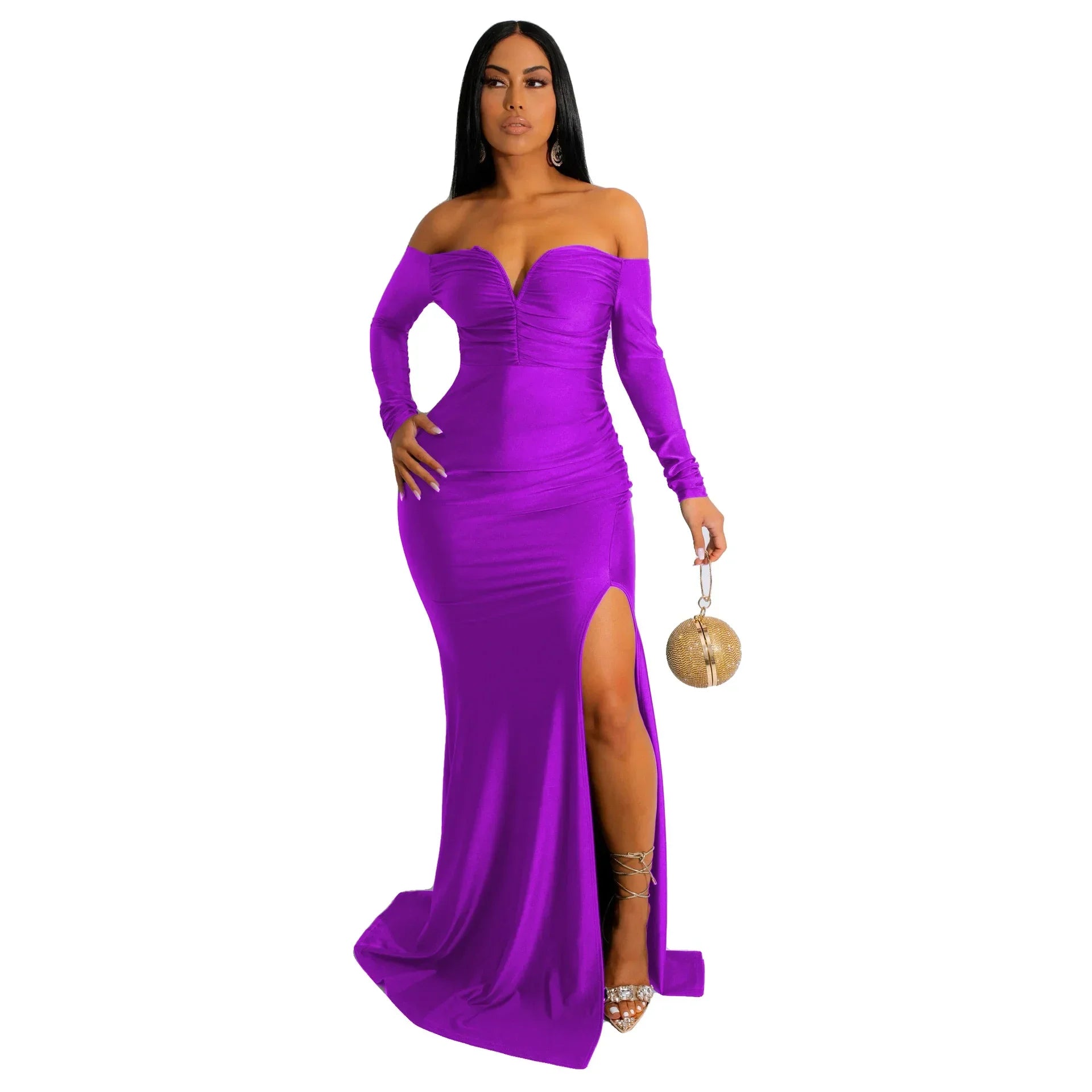LUX V Neck Off Shoulder Bodycon Evening Gown