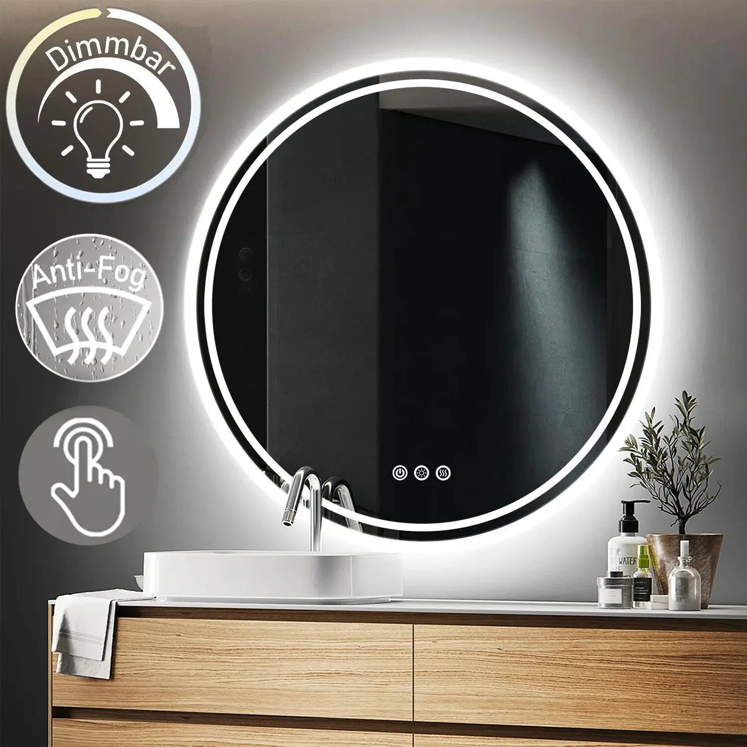 LUVODI Intelligent Illuminate Big Round Mirror for Bathroom Touch Screen Dimmable Anti-fog Bathroom LED Light Mirror LUXLIFE BRANDS