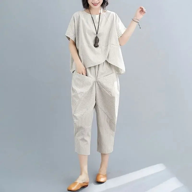 Large Size Casual Suits Women's Clothing Summer Cotton Linen Thin Irregular Short Sleeve T-shirt Loose Harem Pants 2 Piece Sets