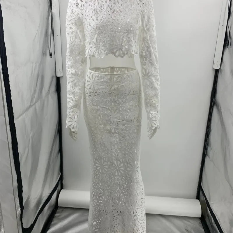 Women Sexy Lace Hollow Out Short Top Skirt Two Piece Sets Female Casual Beach Vacation Fashion New Elegant Slim Summer Dress Set