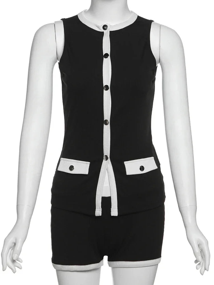 Cutenew Classic Women 2 Piece Set Trend Panelled Single Breasted Sleeveless Tanks+Elastic Waist Shorts Female Matching Outfits Luxlife Brands