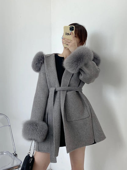 2024 New Oversize Ladies Outerwear Real Fur Coat Winter Jacket Women Natural Fox Fur Collar Cuffs Hood Cashmere Wool Woolen