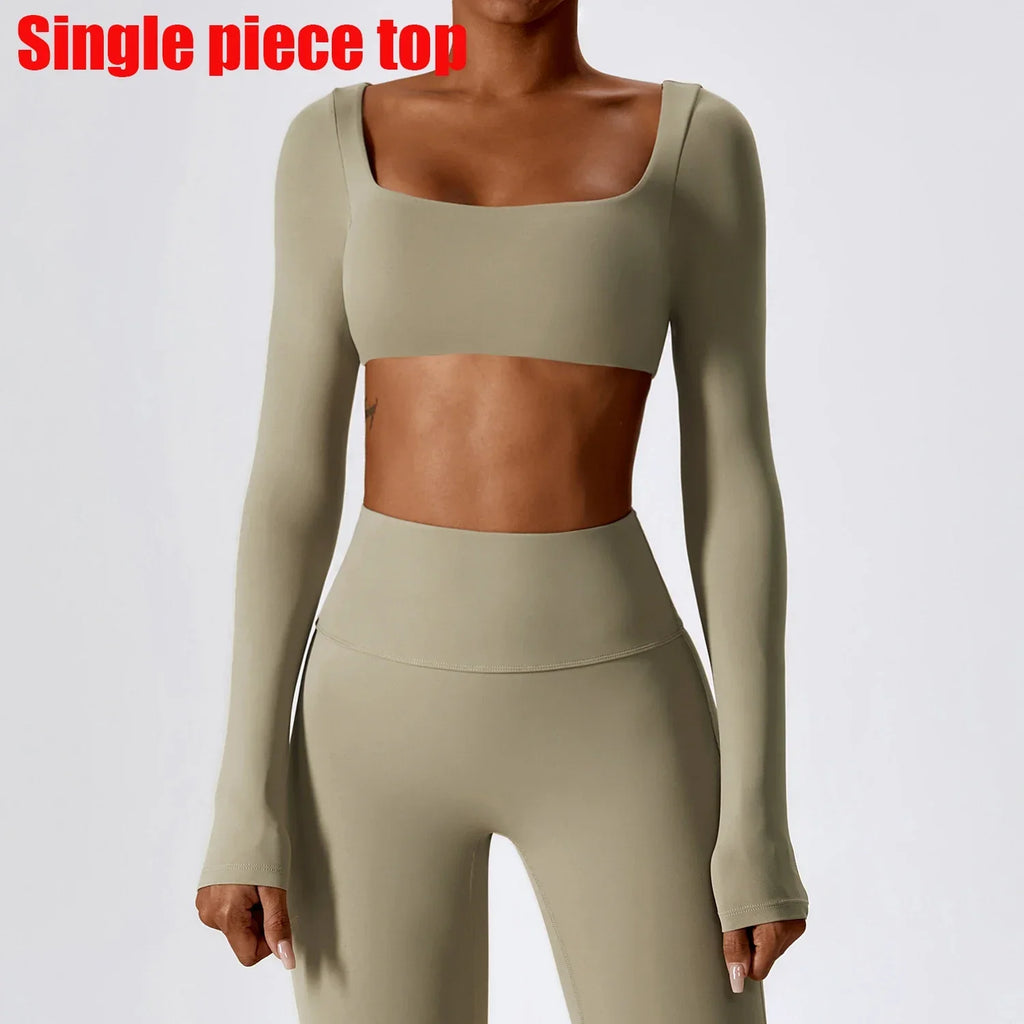 Yoga Shirts Fitness Long Sleeve Women Sport Crop Top Women Square Neck Gym Top Yoga T-Shirt Clothing Casual Quick Dry Sportswear