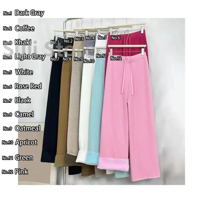 2023 Slim Simple Knit Wide-leg Pants Women's Autumn and Winter High-waisted Moped Pants Thick Casual Pants Straight Luxlife Brands