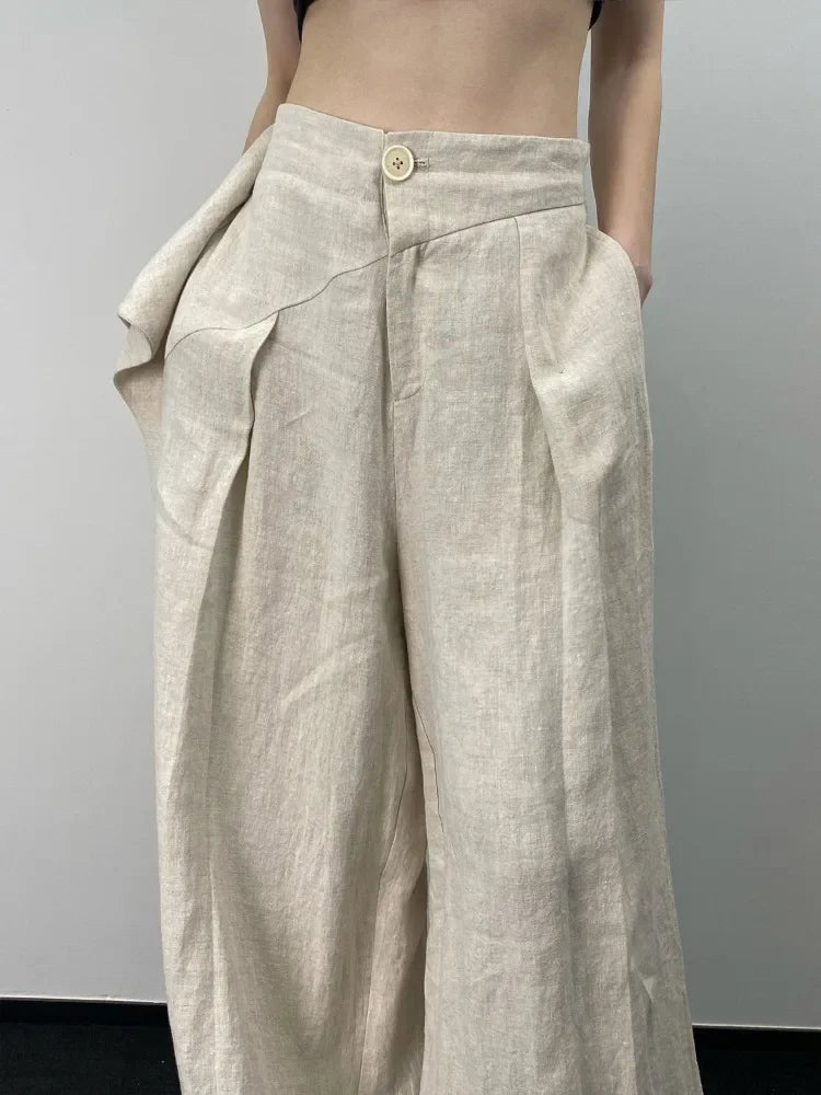 Hikigawa Chic Fashion Women Casual Pleated Wide Leg Pants Linen Texture All Match Loose High Waist Trousers Mujer Pantalones