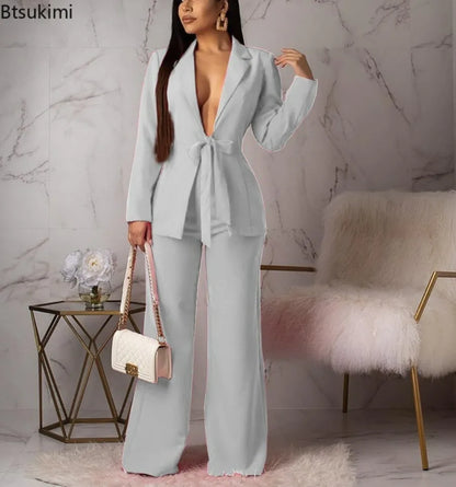 New 2024 Women's Formal Business Suit Sets Office Wear Two Piece Blazer Pants Sets Professional Woman Suit With Waist Tied Sets