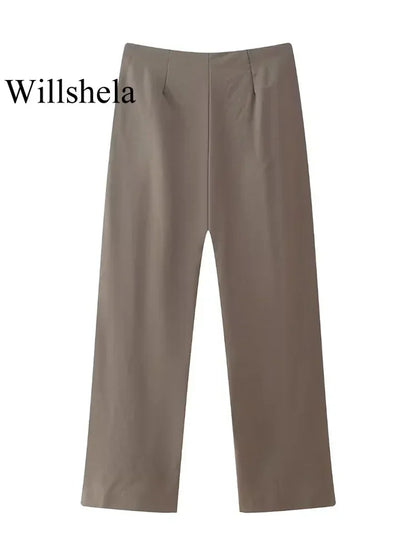 Willshela Women Fashion Two Piece Set Brown Pleated Halter Neck Tops & Straight Pants Vintage Female Chic Lady Pants Suit LUXLIFE BRANDS