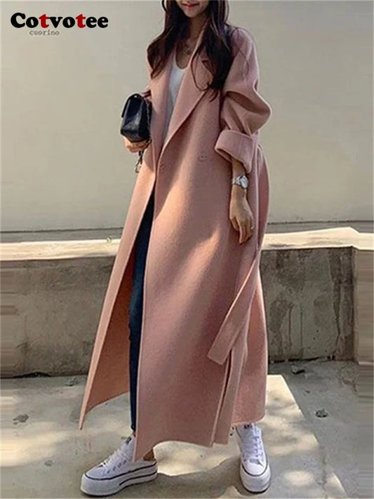 Cotvotee Solid Wool Coats for Women 2023 Fall Winter New Korean Long Sleeve Turn Down Collar Coats Loose Button Up Long Jacket LUXLIFE BRANDS