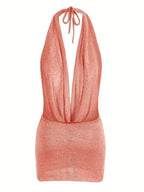 2026 Women New Year Bright Silk Dresses Sexy Stacked V Halter Neck Backless Knit Beach Mini Dress Summer Swimsuit Cover Up K145 Luxlife Brands