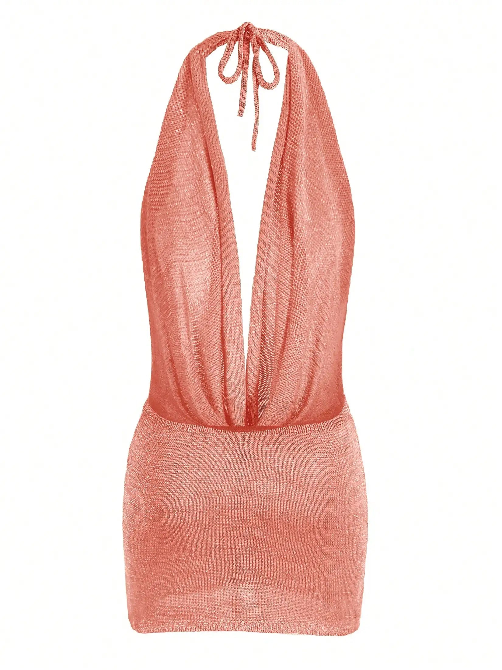 2026 Women New Year Bright Silk Dresses Sexy Stacked V Halter Neck Backless Knit Beach Mini Dress Summer Swimsuit Cover Up K145 Luxlife Brands