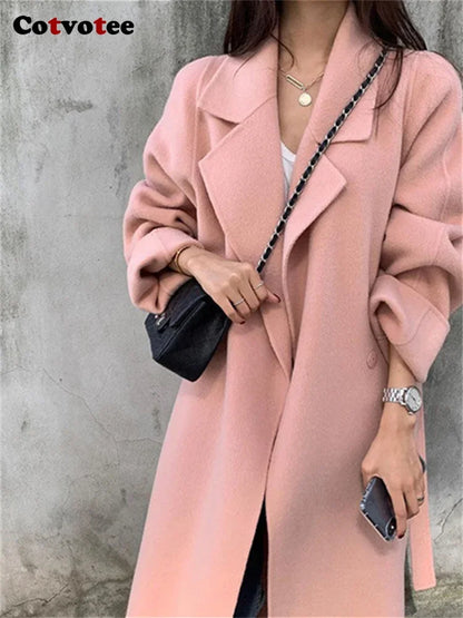 Cotvotee Solid Wool Coats for Women 2023 Fall Winter New Korean Long Sleeve Turn Down Collar Coats Loose Button Up Long Jacket LUXLIFE BRANDS