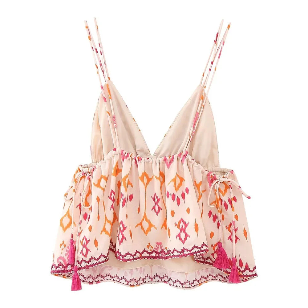 UNIZERA2023 Autumn New Women's Fashion Versatile Sexy V-Neck Sleeveless Embroidery Beaded Print Short Top LUXLIFE BRANDS