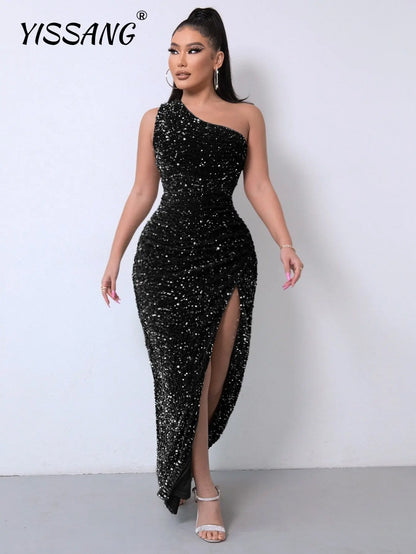 Yissang One Shoulder Wrap Split Thigh Sequin Formal Dress Medium Black Dress Wrap Hip Dress Party Dress Importan Occasion Dress