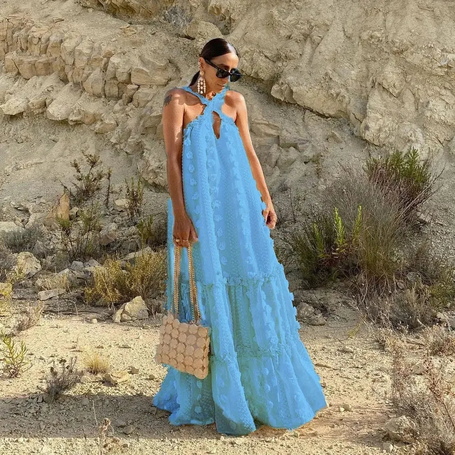 Fashionable neck, floral, floor sweeping cake dress