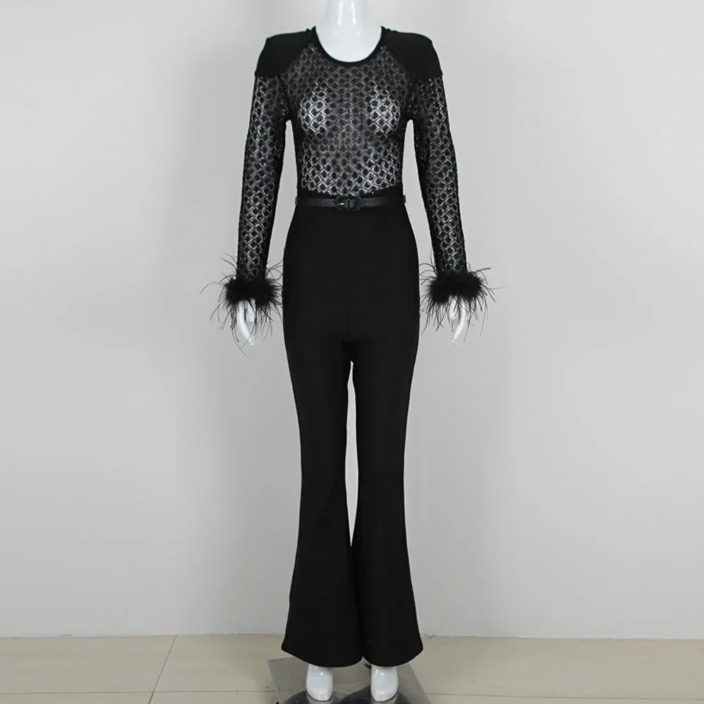 Lace Sequin Feather Bandage Jumpsuit - LUXLIFE BRANDS