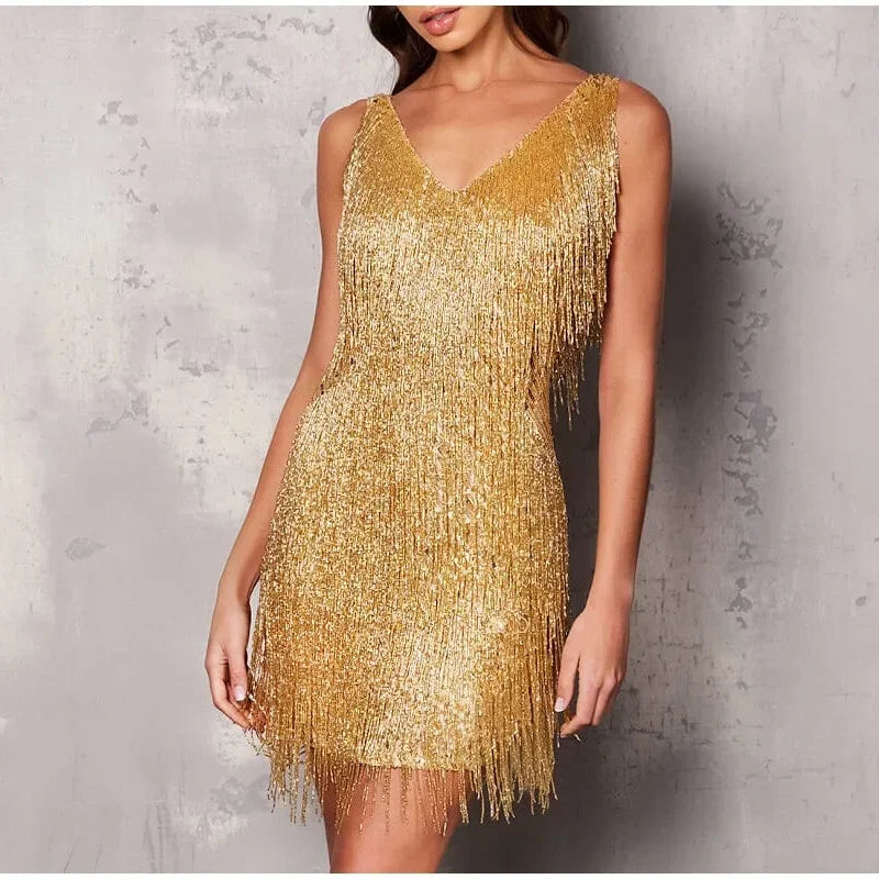 2024 Sexy Women's Fringed Sequin Feather Stitching Dress Summer Slim V-Neck Off Shoulder Dresses Female Backless Slip Mini Robe LUXLIFE BRANDS
