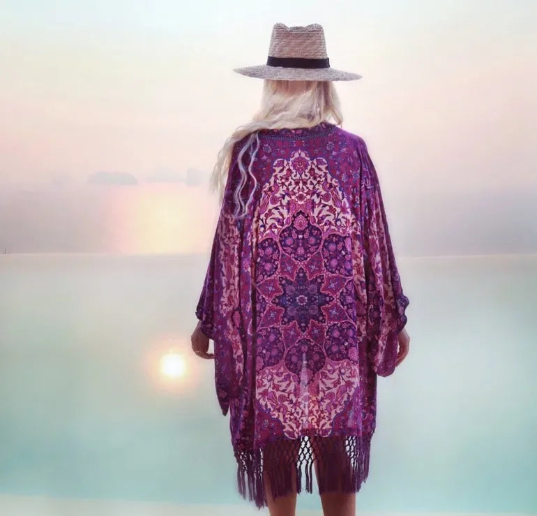 Happie Queens Women Floral Print Long Sleeve Beach Bohemian Maxi Dress Ladies V-neck Loose Chiffon Boho Kimono Cover-ups