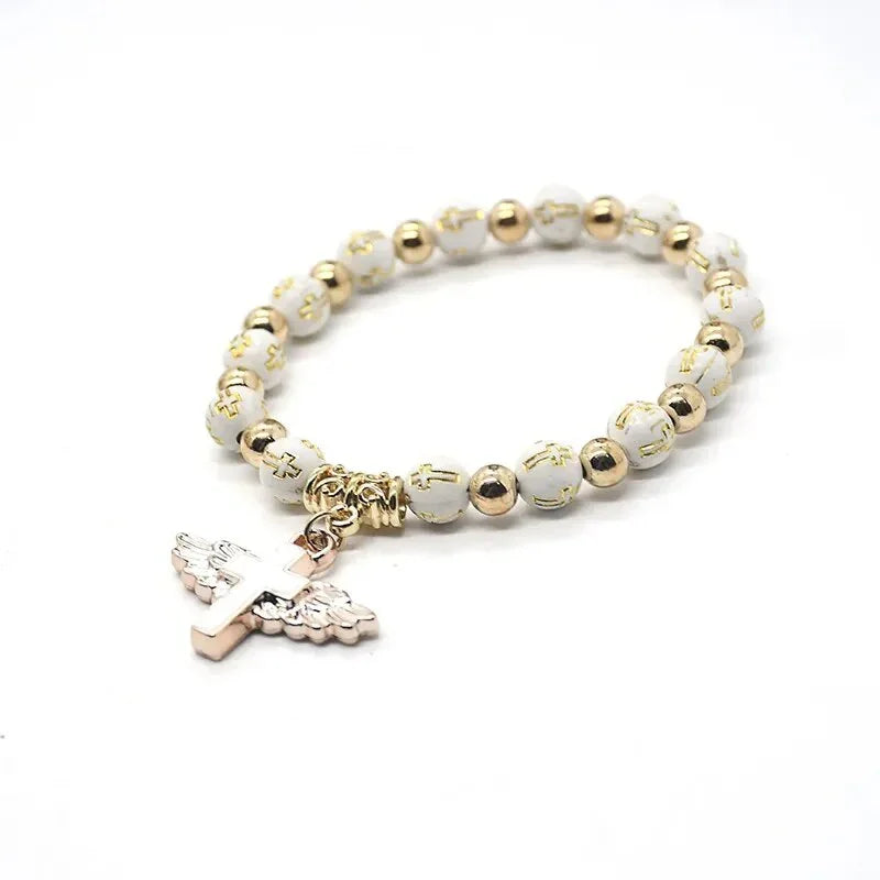 Exquisite Angel Wing Cross Rosary Bracelets Bronzing Acrylic Baptism Stretch Beaded Bracelets for Women Girls Religious Gift LUXLIFE BRANDS