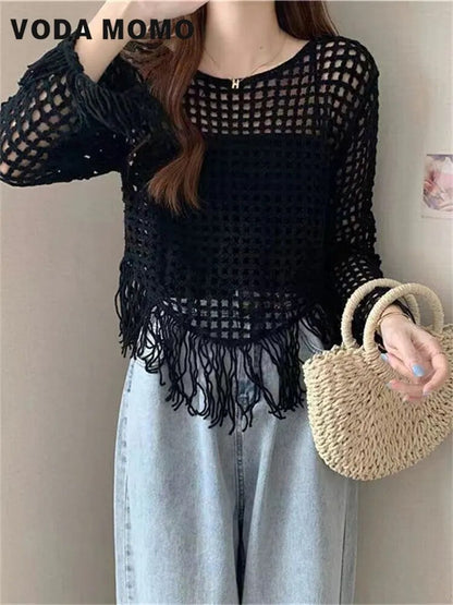 Summer Lady Fashion Hollow Out Harajuku Vintage Korean Style Long Sleeve Holiday Handmade Crochet Casual Knitted Pullovers Women LUXLIFE BRANDS
