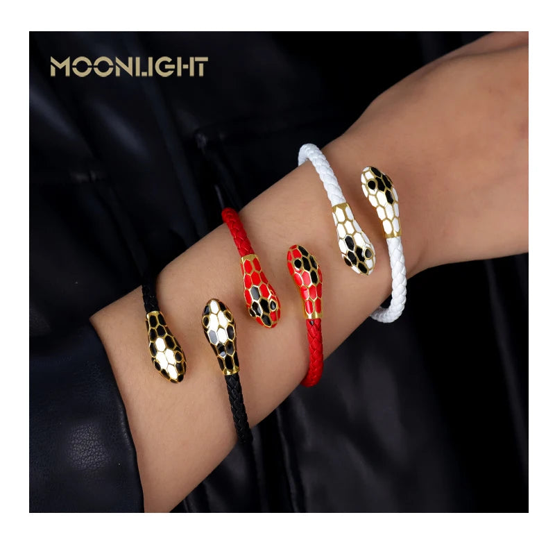 Double Snake Head Cuff Bangles Braided Leather