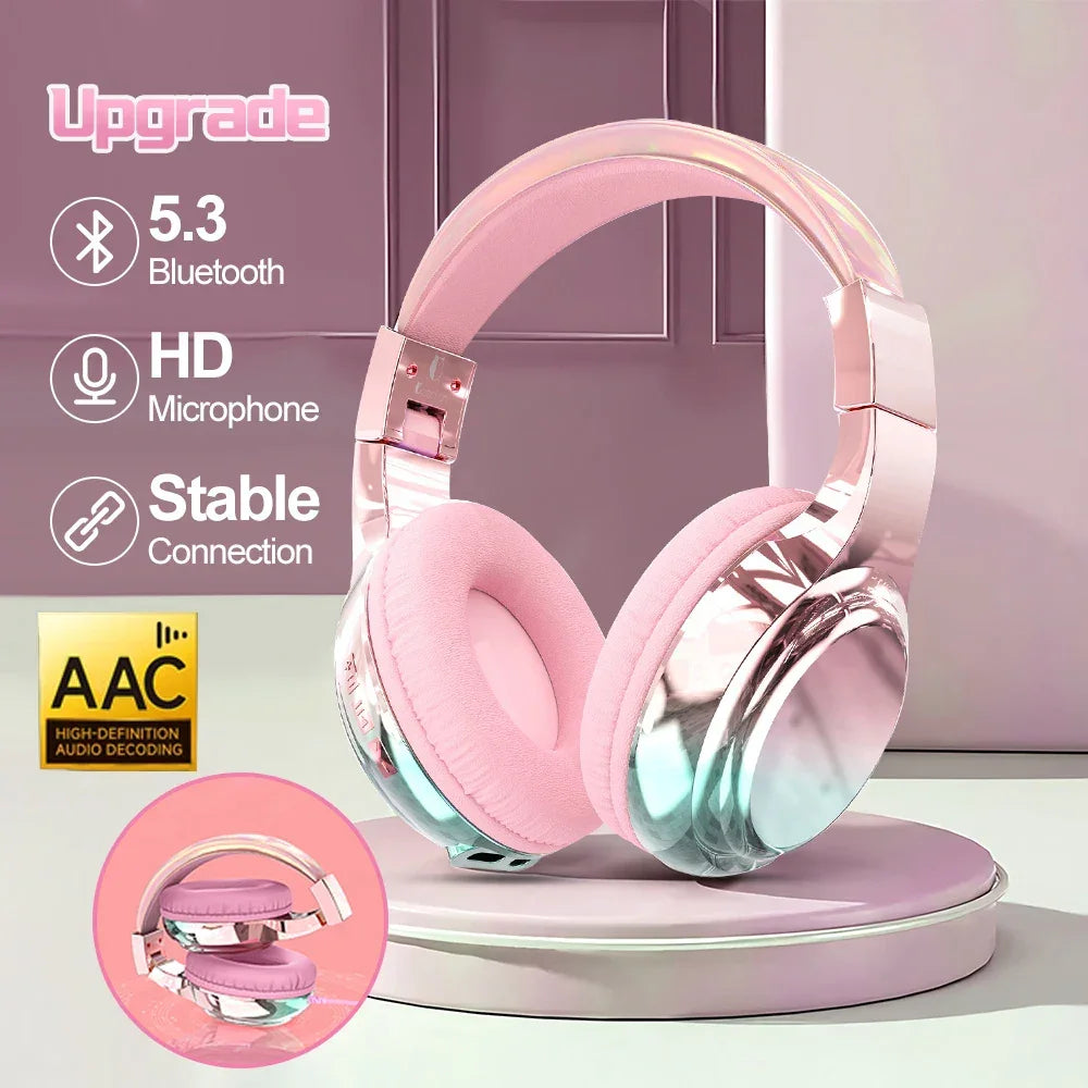 Glossy Gradient Pink Bluetooth5.3 Headphone For Girl Wireless Headphone with Mic Over Ear Headset for Girlfriend Christmas Gift