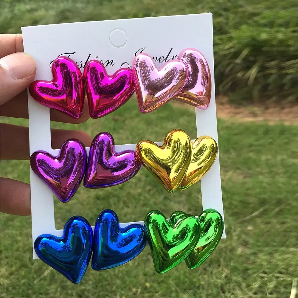 New 6 pair/set Metallic Color Acrylic Y2K Stud Earrings for Women Rock Heart Moon Star Bowknot Square Earring Korea Jewelry Sets