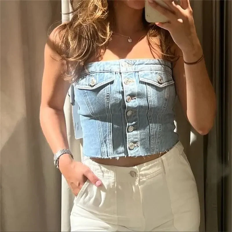 Women's Button Down Denim Bustier Crop Top Strapless Jeans Corset Top Backles Push Up Tank Tops Vintage Harajuku Streetwear