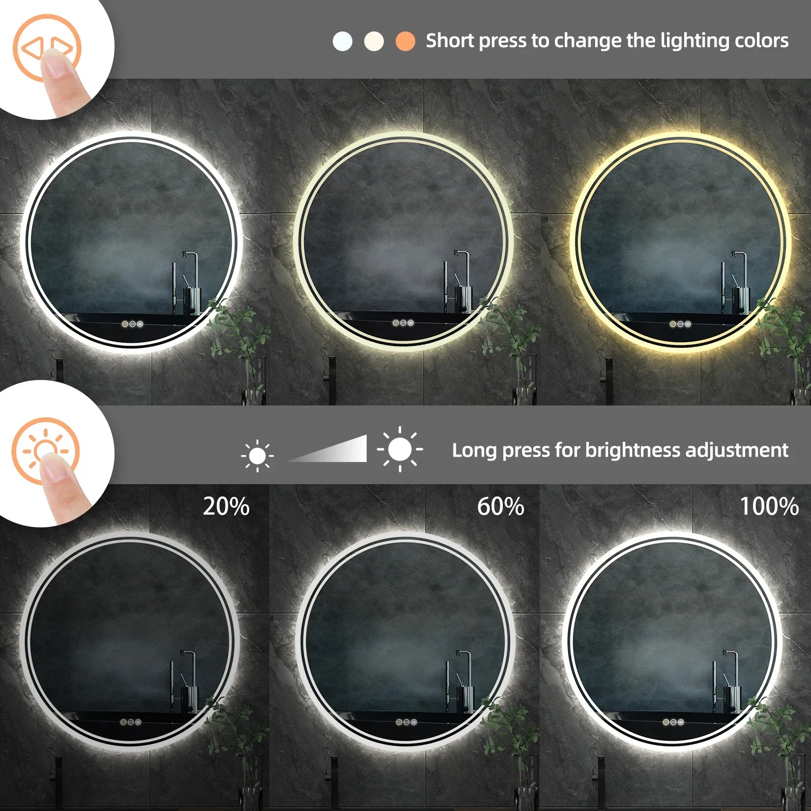 LUVODI Intelligent Illuminate Big Round Mirror for Bathroom Touch Screen Dimmable Anti-fog Bathroom LED Light Mirror LUXLIFE BRANDS