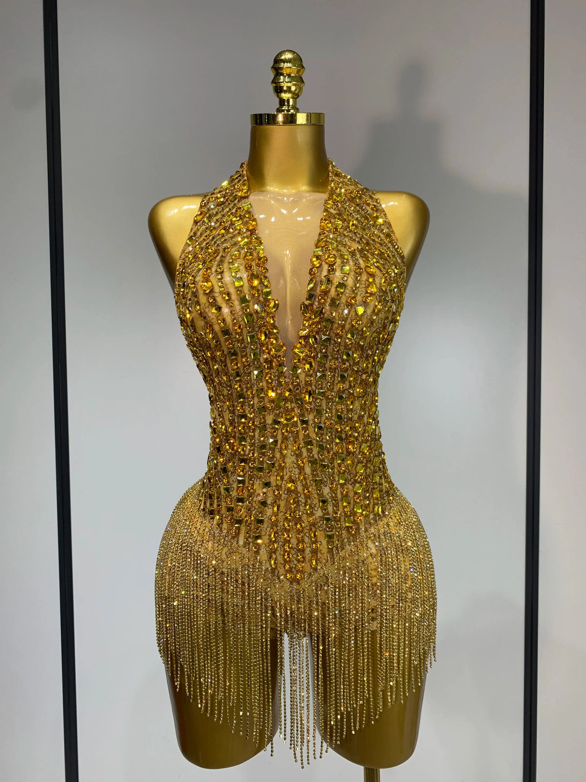 Gold Rhinestone Sheer Mesh Bodysuit Luxury Stage Performance Jumpsuit