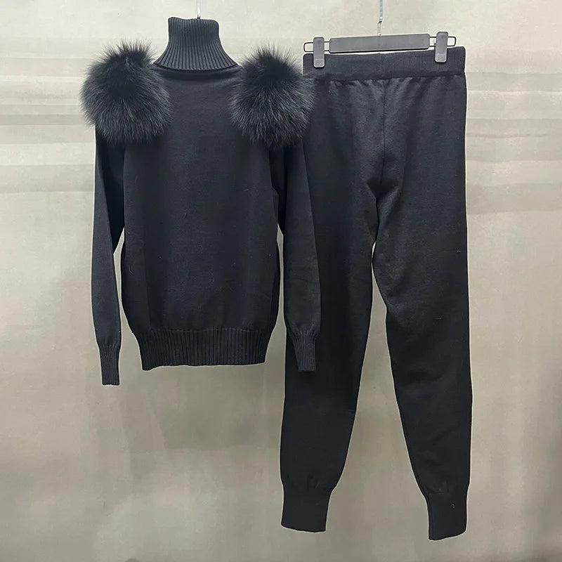 Women's Wool Coat Pants Set Lady Real Fox Fur Collar Sweatshirt Streetwear Knitted Spring Autumn Jogger Sweater S5988