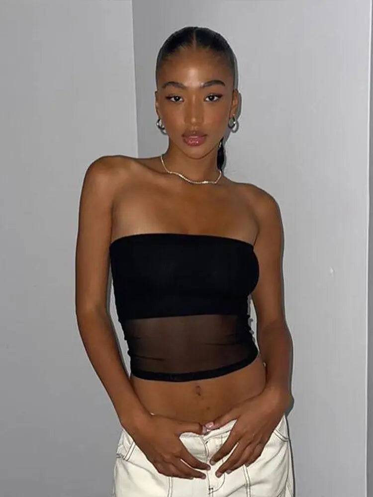 Mesh Corset Black Crop Top Women Patchwork Tube Top Sexy Sleeveless Off Shoulder Cami Summer Streetwear Slim Strapless Tank Tops