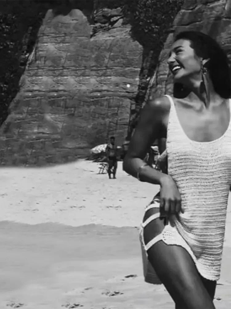 Women's Sexy U Neck Sleeveless Knit Horizontal Stripes Side Cut Out Beach Mini Dress 2025 Summer Beachwear Swimsuit Cover Up K90 Luxlife Brands