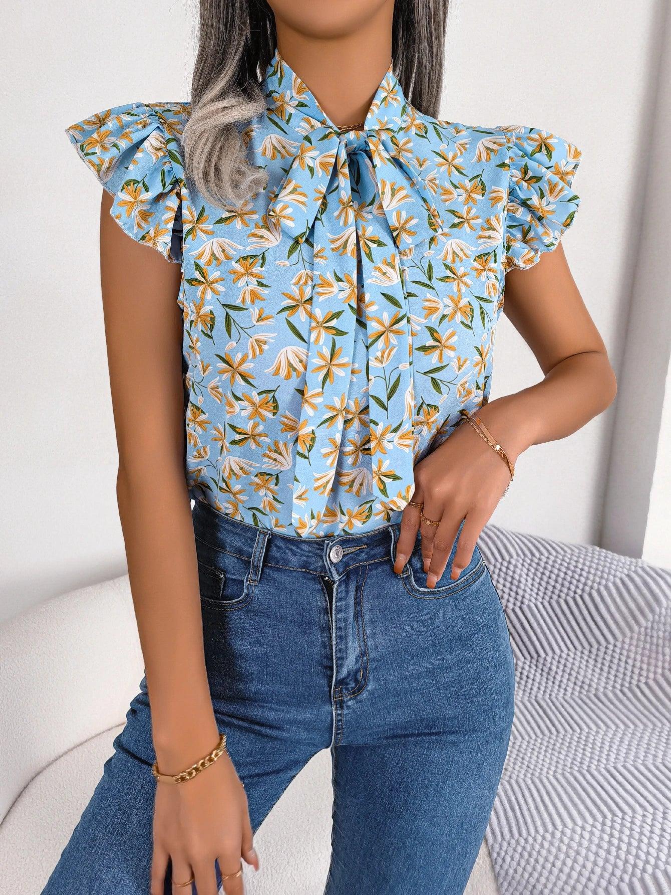 Women Casual Floral Print Bow Ruffles Chiffon Blouse Summer Top
