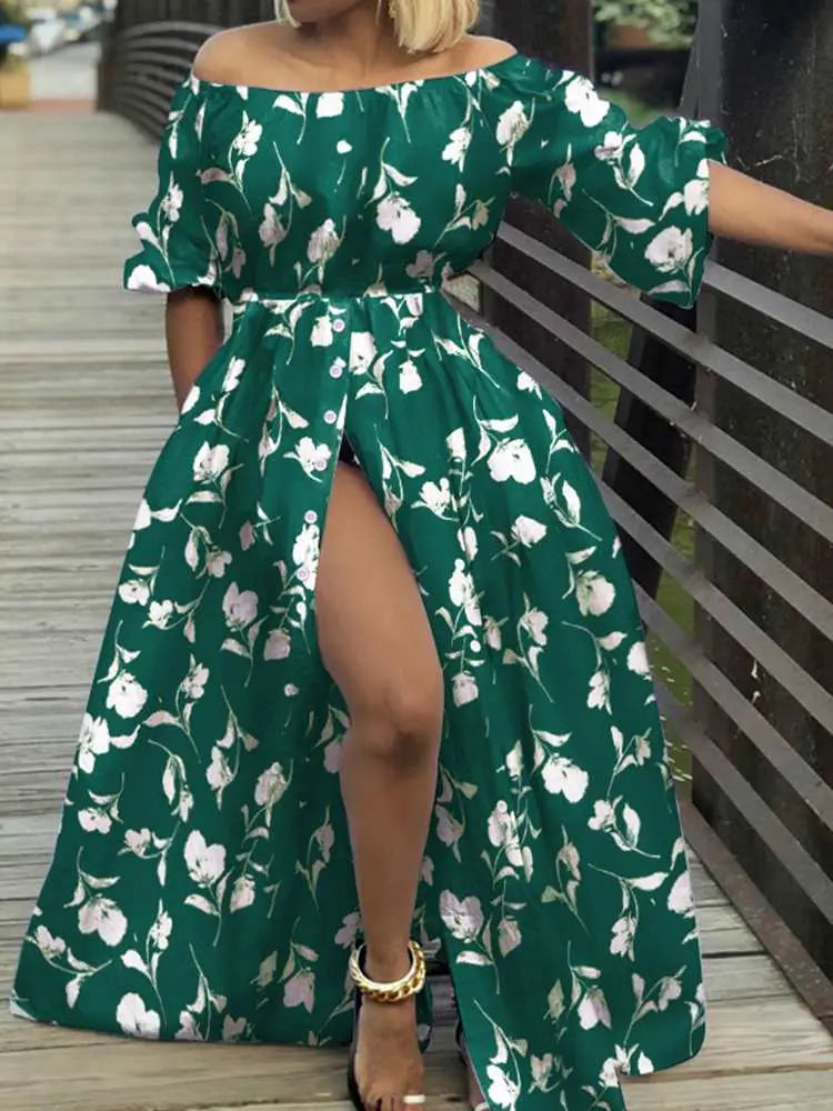 Women Sexy High Split Maxi Dress Celmia 2023 Summer Off Shoulder Long Dresses Vacation Casual Loose High Waist Solid Sundress