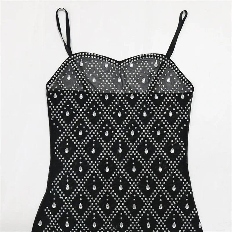 New Fashion Black See Through Mesh Diamonds Sexy Long Party Dresses Women Spaghetti Strap Bodycon Rhinestone Night Club Dress