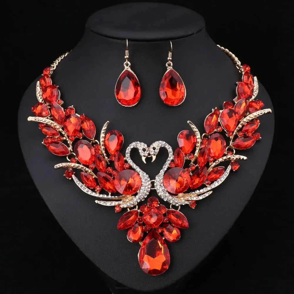 Crystal Bridal Jewelry Sets Gold Color Swan Pendant Necklace Women Gift Party Wedding Prom Necklace Earring Accessories LUXLIFE BRANDS
