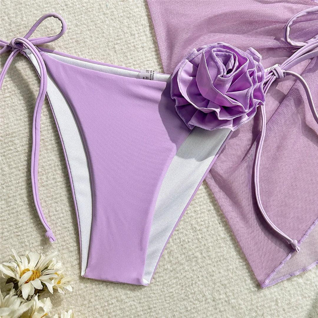 New 3D Flowers With Sarong Bandeau Bikini Female Swimsuit Women Swimwear Three-pieces Bikini set Bather Bathing Suit Swim V5526
