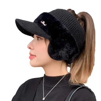 Winter Hats For Women 2023 New Fashion Winter Warm Earflaps Knitted Hat Baseball Caps Outdoor Sport Windproof Ponytail Hat Visor LUXLIFE BRANDS