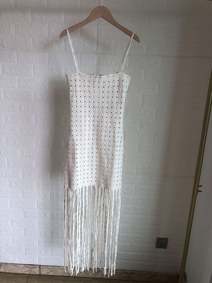 High Quality 2023 Summer Fashion Ladies New Cutout Straight Neck Tassel Trim Crochet Dress Tassel Hem