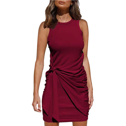 Women 2024 Solid Color Drawstring Wrap Sleeveless Summer Casual Short Dresses - LUXLIFE BRANDS