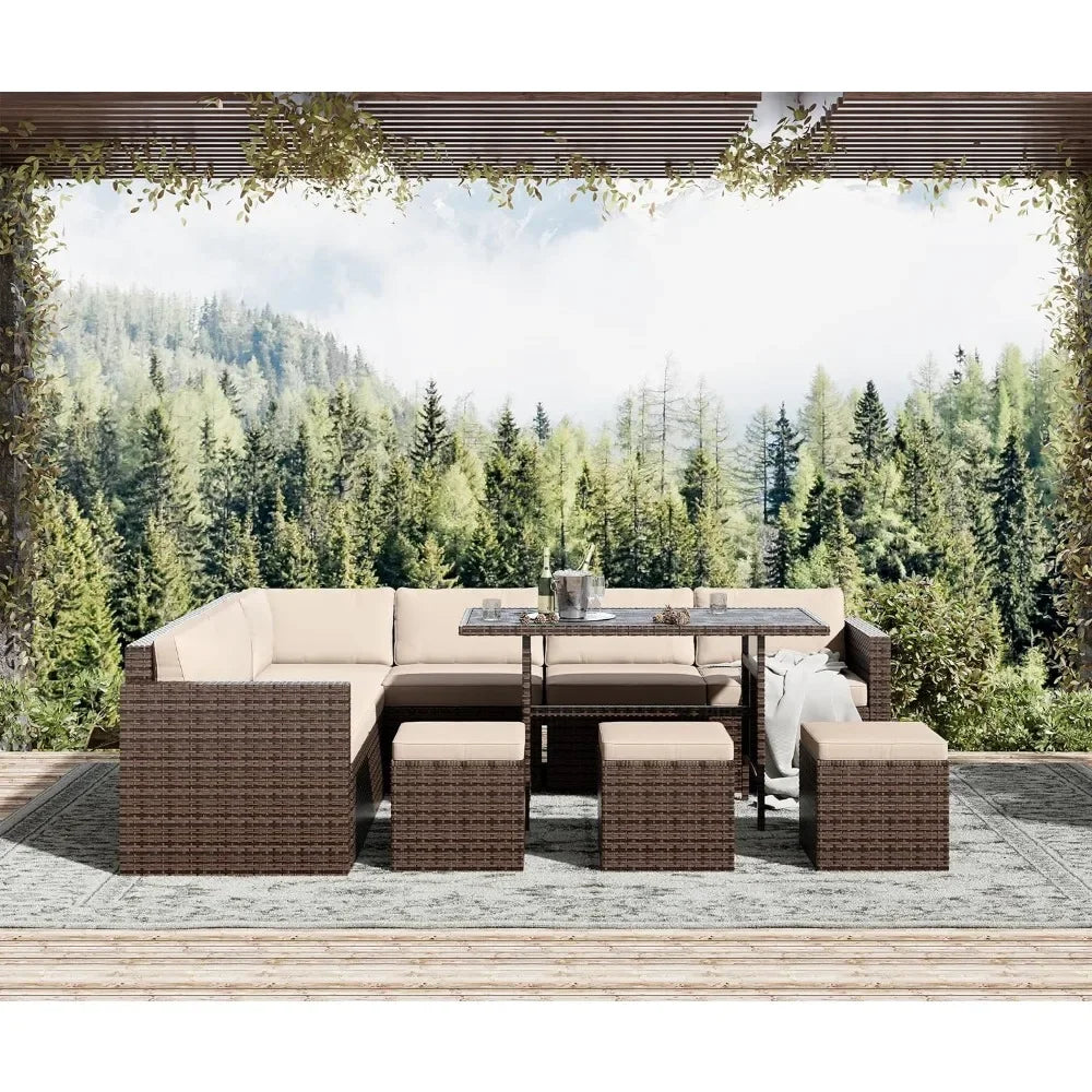 Outdoor Rattan Furniture Sectional Sofa, Cushions and Table