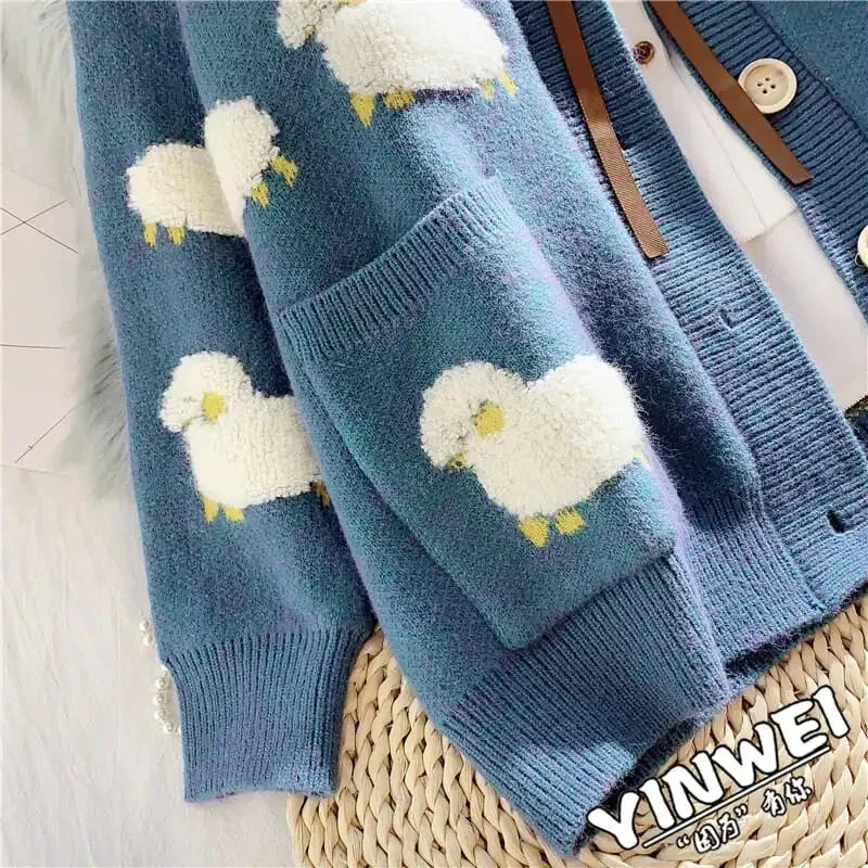 Sheep Cartoon V-Neck Long Sleeve Loose Knitted Sweater Women's Cardigan Korean Fashion Autumn Winter Thick Cardigan For Women LUXLIFE BRANDS