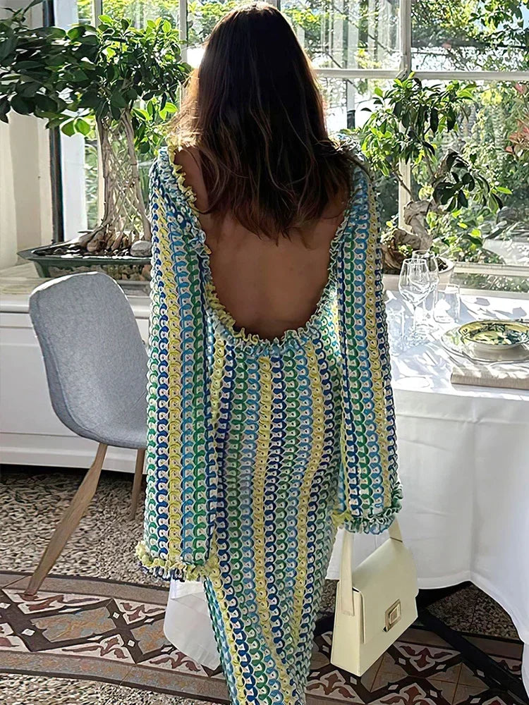 Sexy Backless Flare Sleeve Lace Knit Cut Out Party Beach Maxi Dress 2025 Summer Women Vacation Beachwear Swimsuit Cover Up A2815 Luxlife Brands
