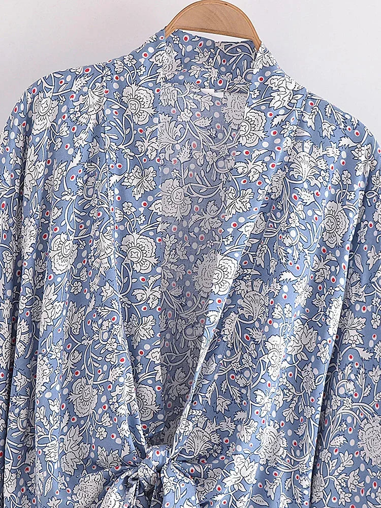 Vintage Porcelain Floral Boho Kimono Short Beach Robe